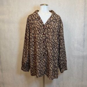 Vintage Donkenny Woman Brown Tan Abstract Print Button Front Blouse